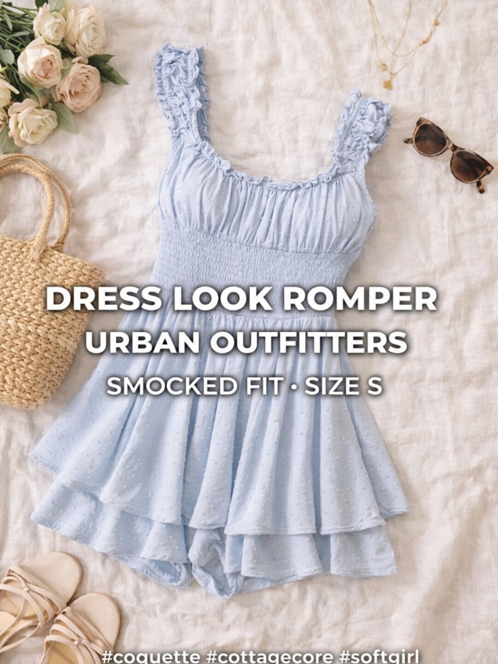 Urban Outfitters Blue Swiss Dot Romper Dress Look Smocked Ruffle Cottagecore S